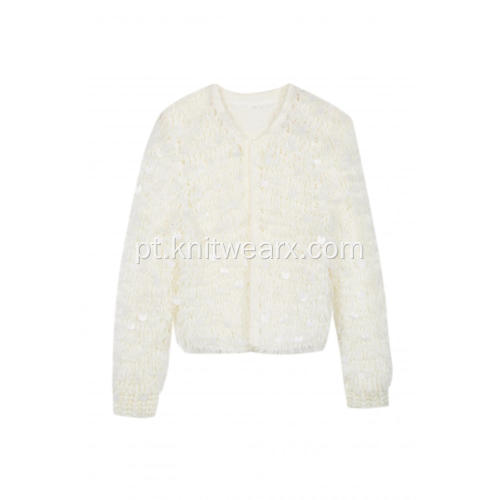 Cardigan robusto de lantejoulas tricotadas de malha feminina